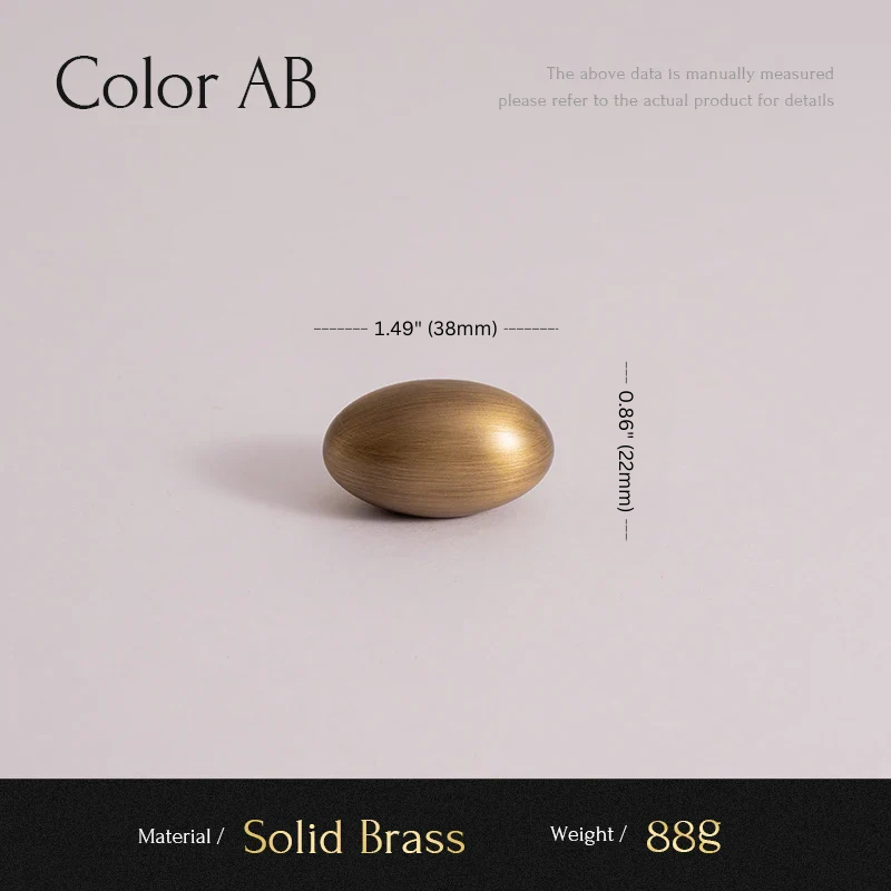Solid brass knob with measurements and material details on a light gray background