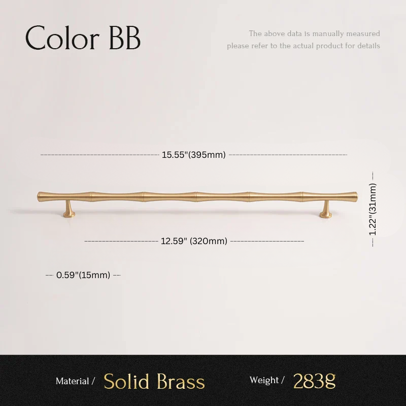 Gold cabinet handle with dimensions and material details on a white background