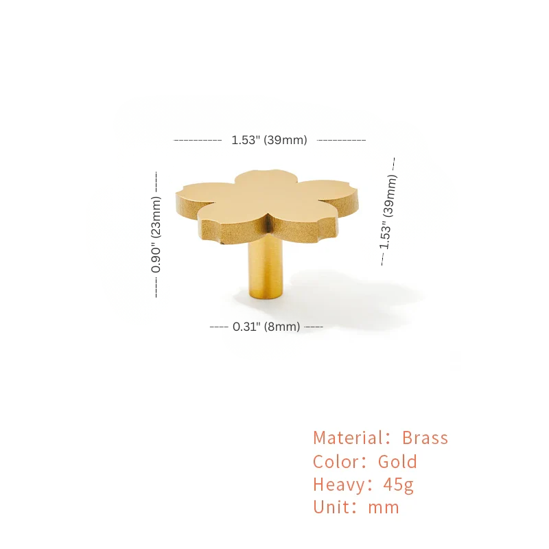 Gold flower-shaped object with dimensions and material details on a white background