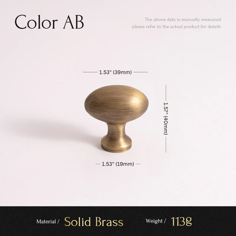 Solid brass cabinet knob with dimensions and material details on a white background