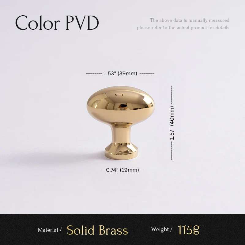 Gold cabinet knob with dimensions and material details on a white background