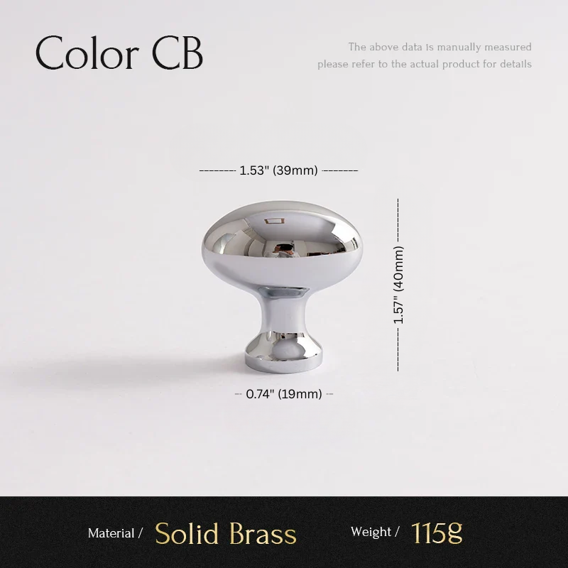 Chrome cabinet knob with dimensions and material details on a white background