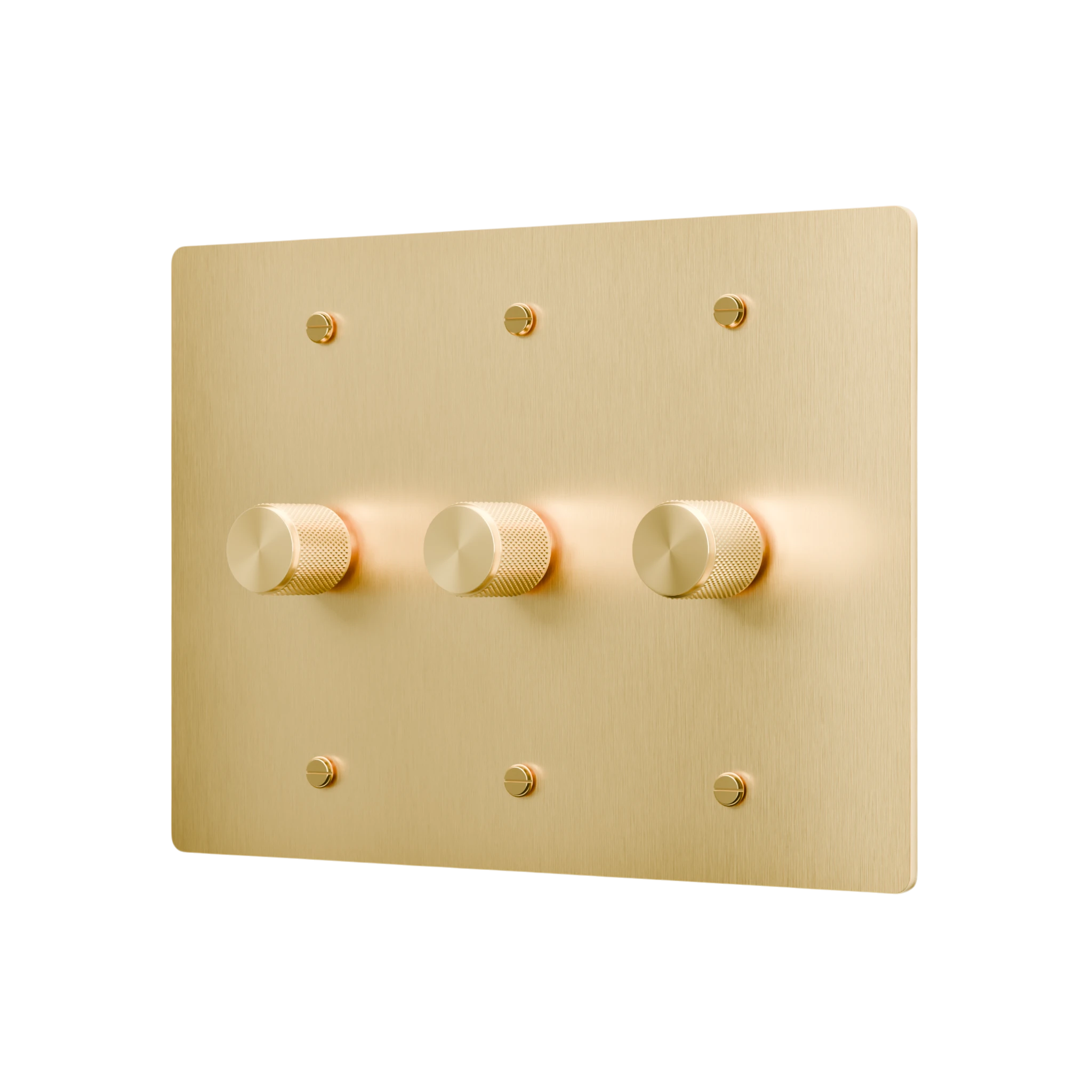 Gold light switch panel with three knobs on a white background