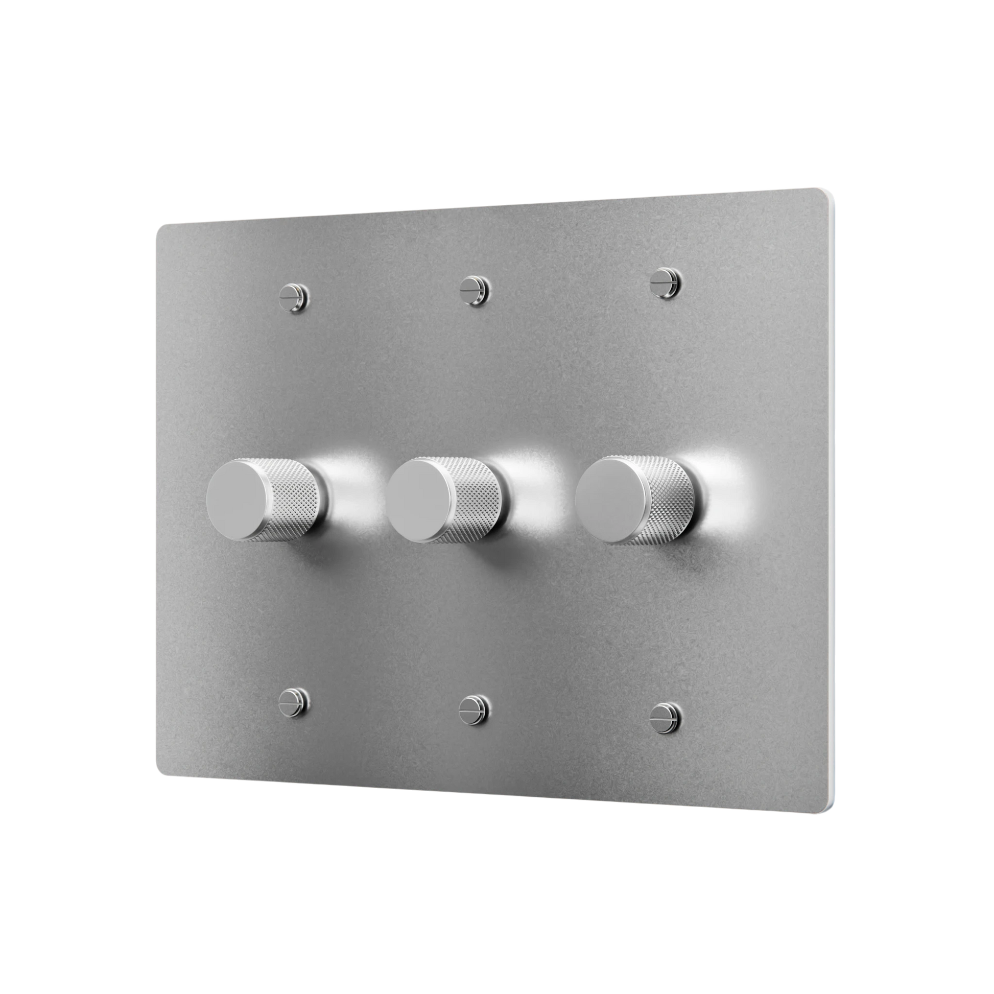 Metallic switch panel with three knobs on a white background