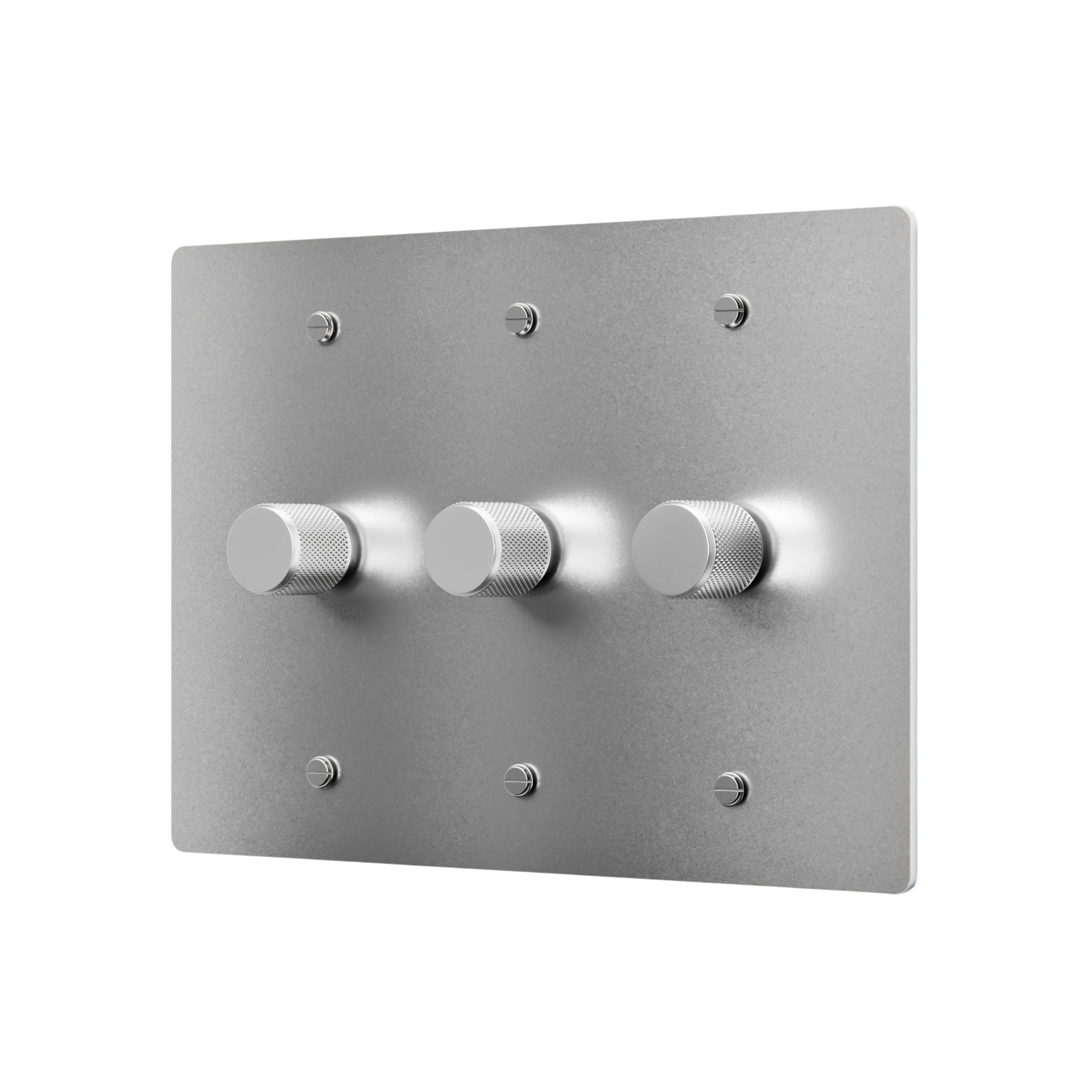 Metallic switch panel with three knobs on a white background