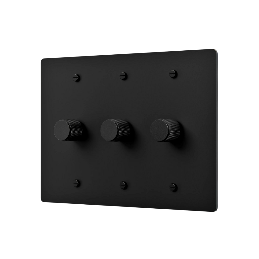 Black rectangular switch plate with three knobs on a white background