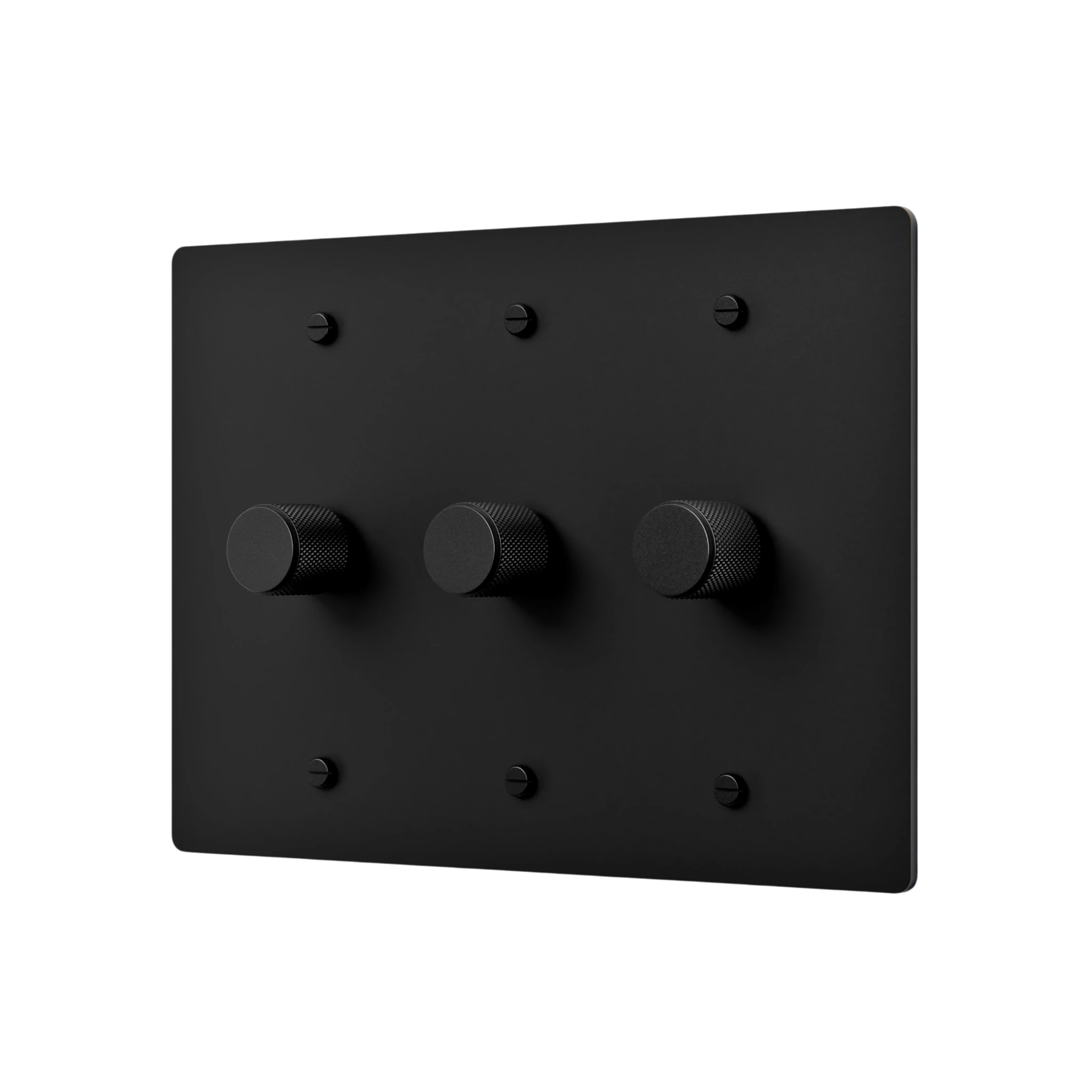 Black rectangular switch plate with three knobs on a white background