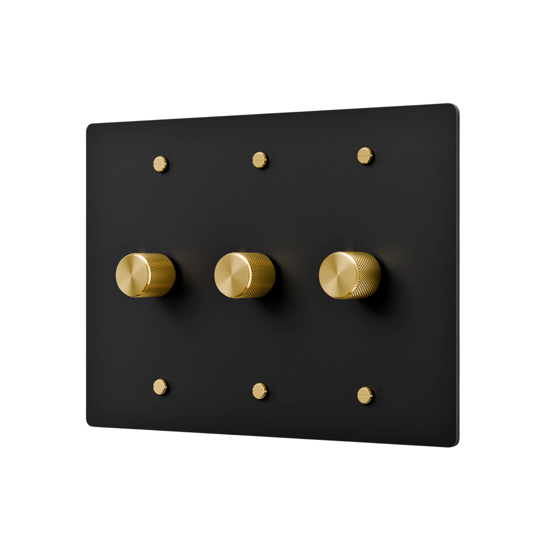 Black rectangular switch plate with three knobs on a white background