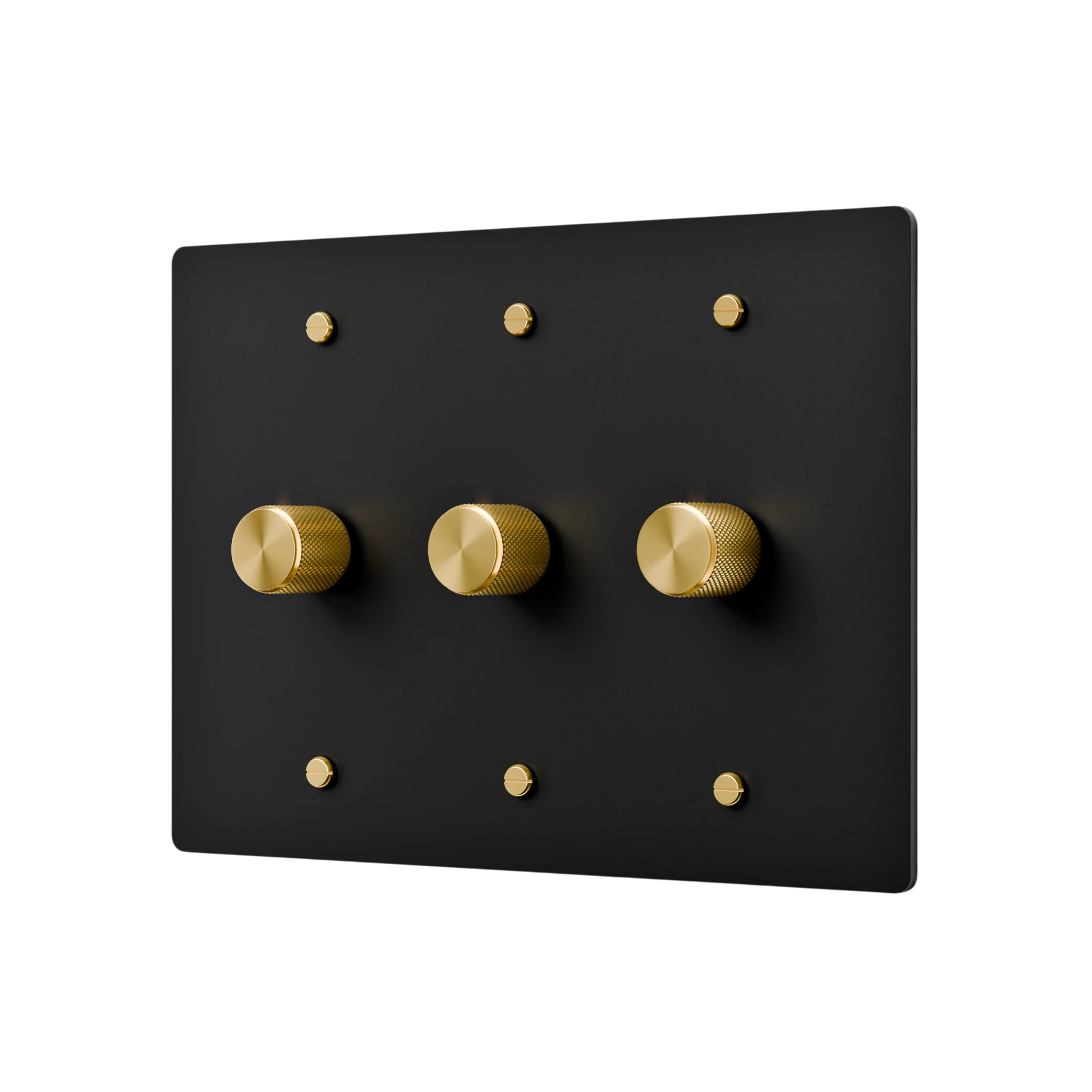 Black rectangular switch plate with gold knobs on a white background