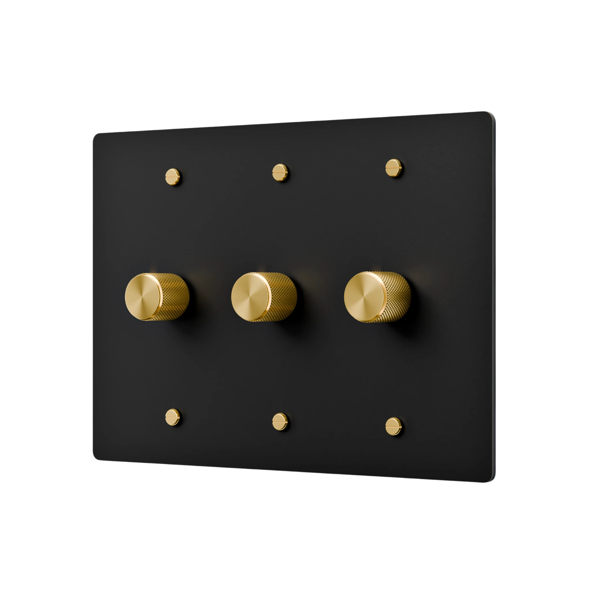 Black rectangular switch plate with gold knobs on a white background