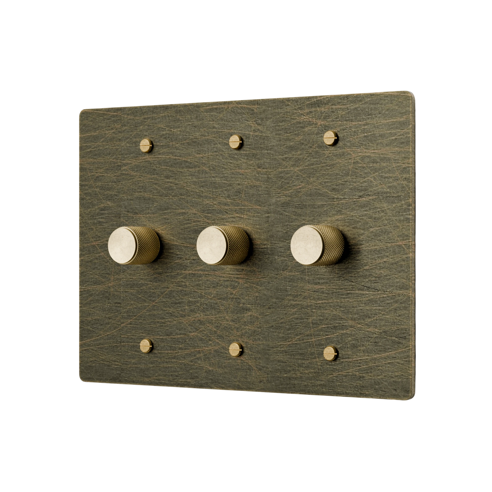 Wooden switch panel with three gold knobs on a white background