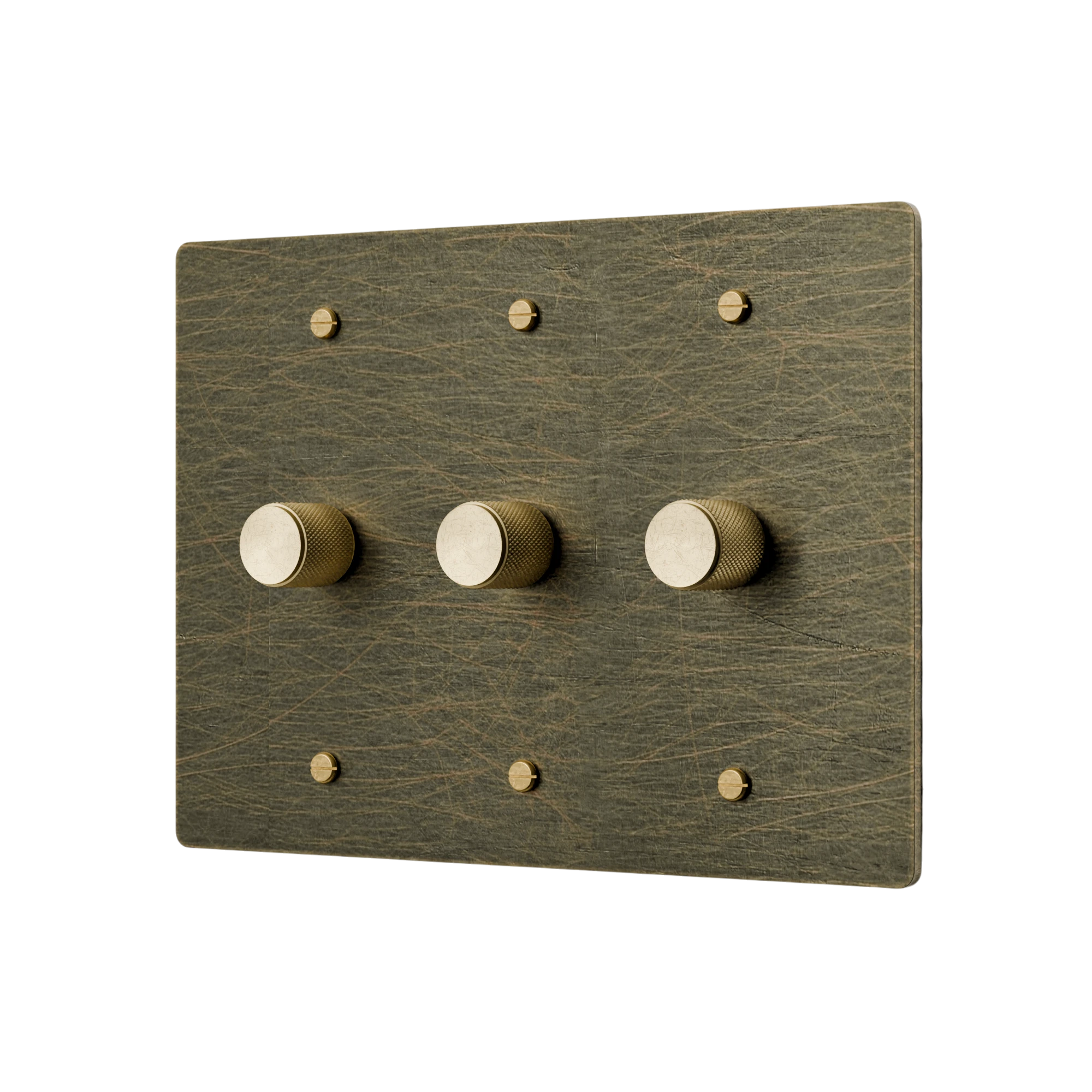 Wooden switch panel with three gold knobs on a white background
