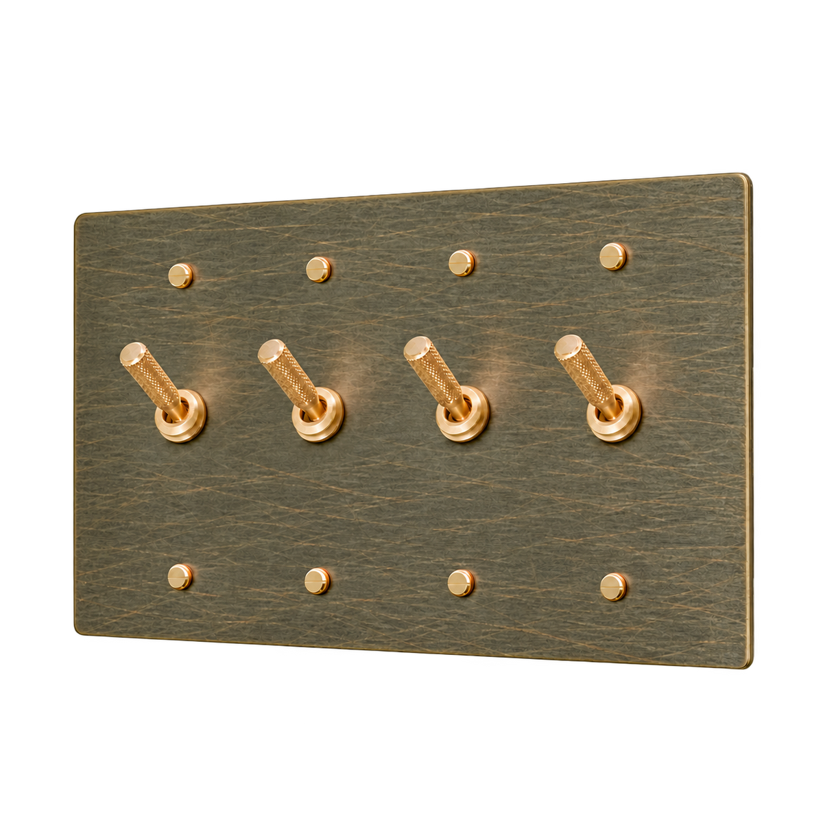 Knurled Brass Toggle Switch Plate — 4-Gang — Aged Bronze (Hand-Brushed)