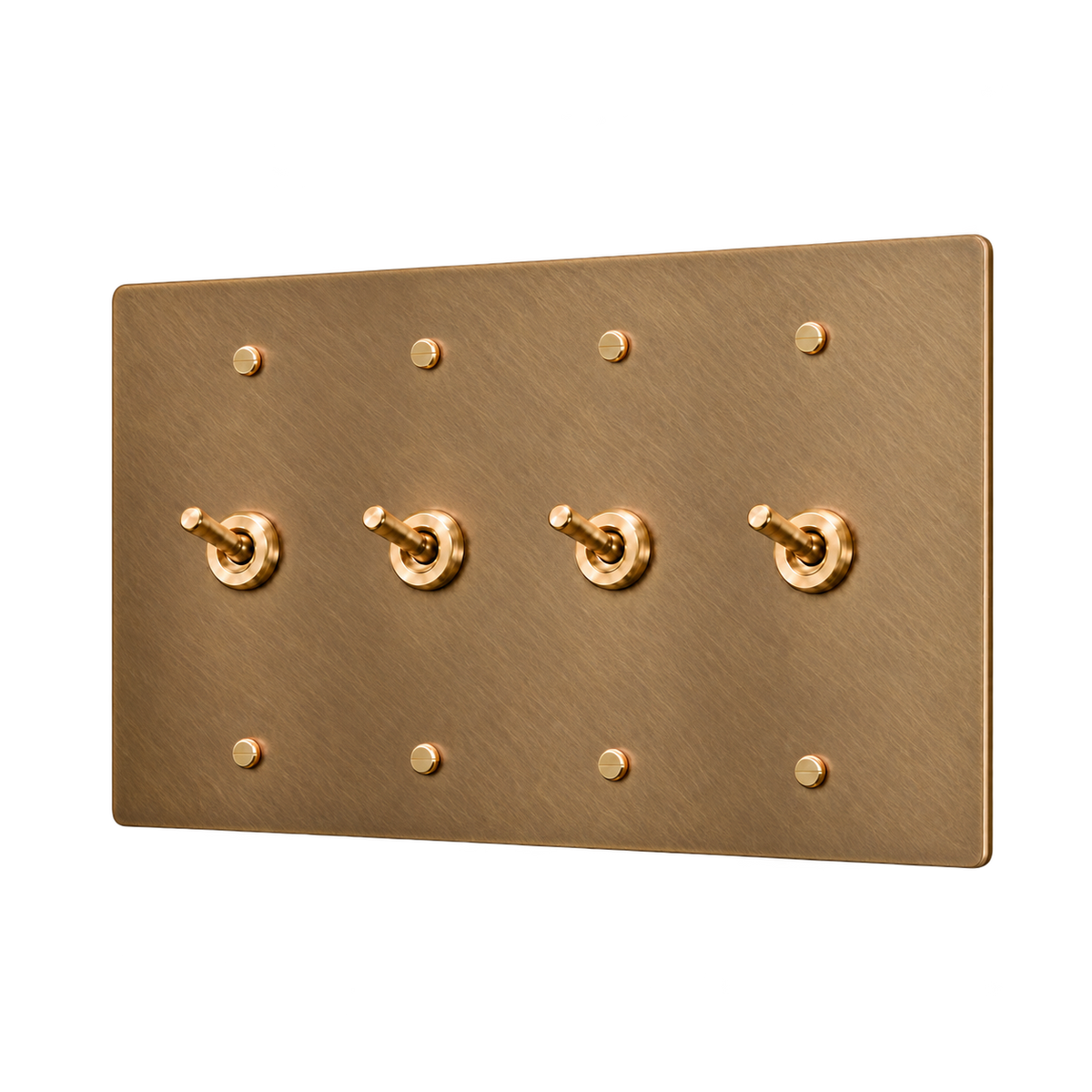 Brass Retro Toggle Switch Plate — 4-Gang — Unlacquered Antique Brass (Hand-Brushed)