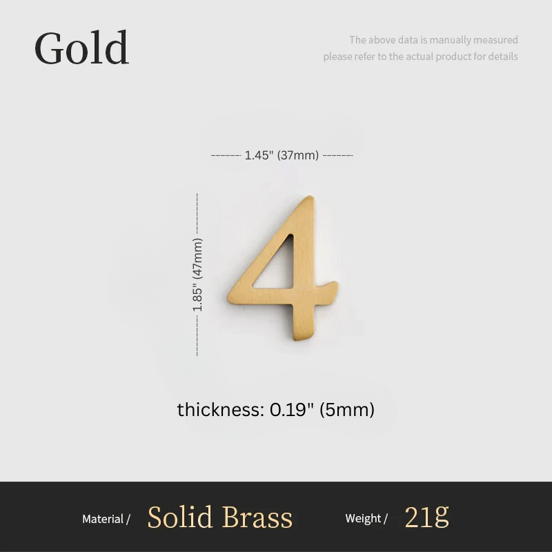 Gold number '4' with measurements on a white background