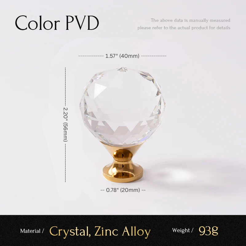 Crystal ball with gold base and measurements on a white background