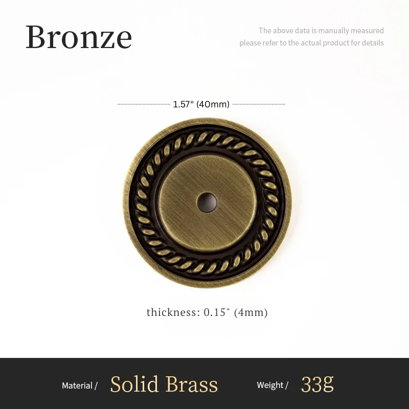 Bronze decorative knob with measurements and material details on a white background