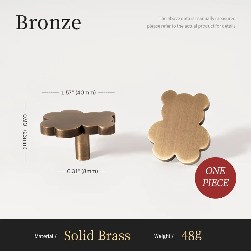 Bronze bear-shaped object with measurements and material details on a white background