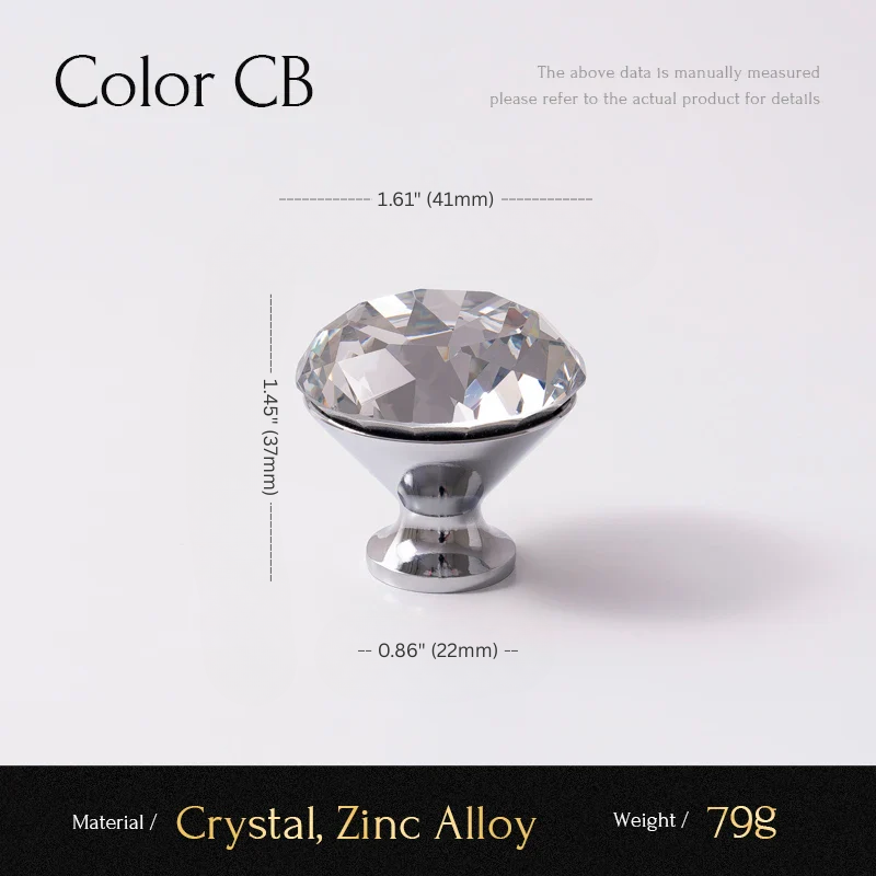 Crystal cabinet knob with dimensions and material details on a white background