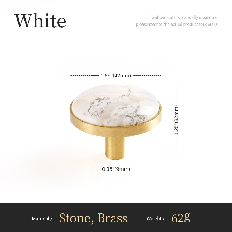 Marble-patterned knob with gold base and measurements on a white background
