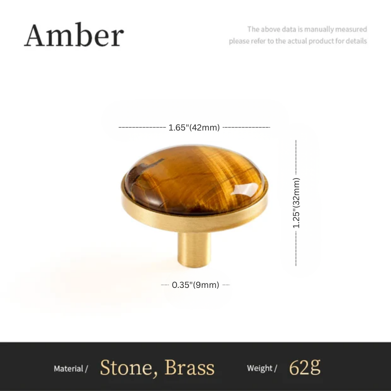 Amber-colored knob with measurements and material details on a white background
