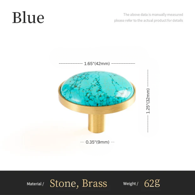 Turquoise stone cabinet knob with gold trim, shown with measurements on a white background.