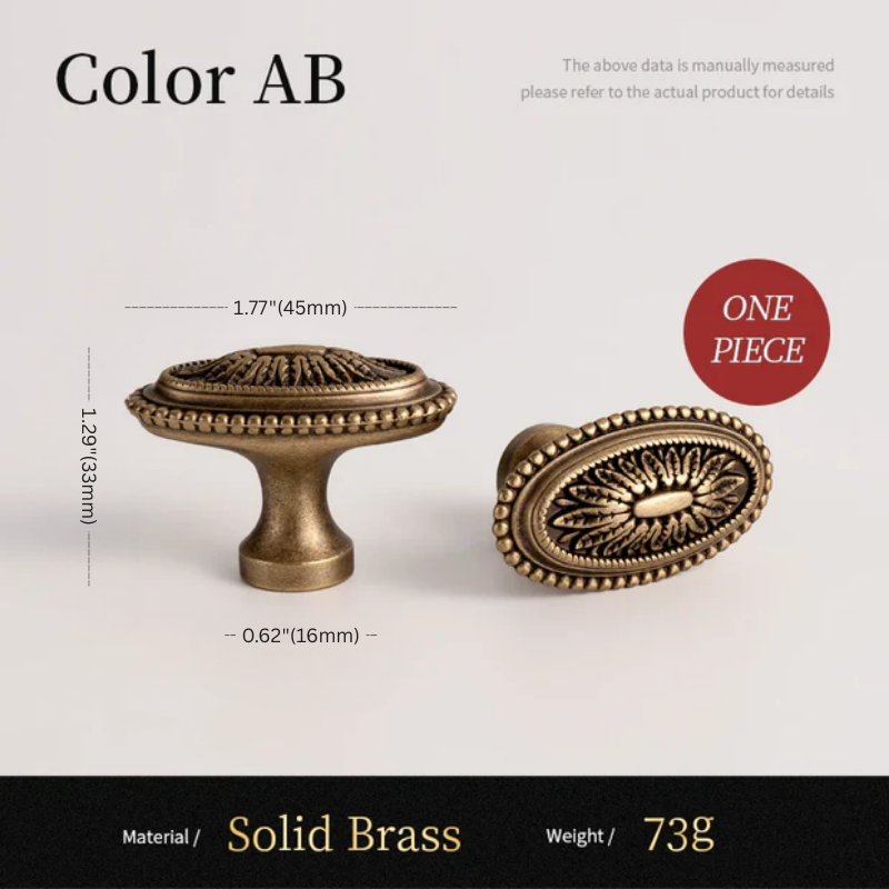 Solid brass cabinet knobs with measurements and material details on a light gray background