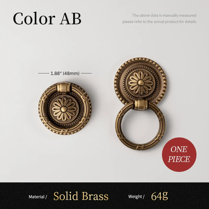 Two solid brass door handles on a white background with measurements and material details.