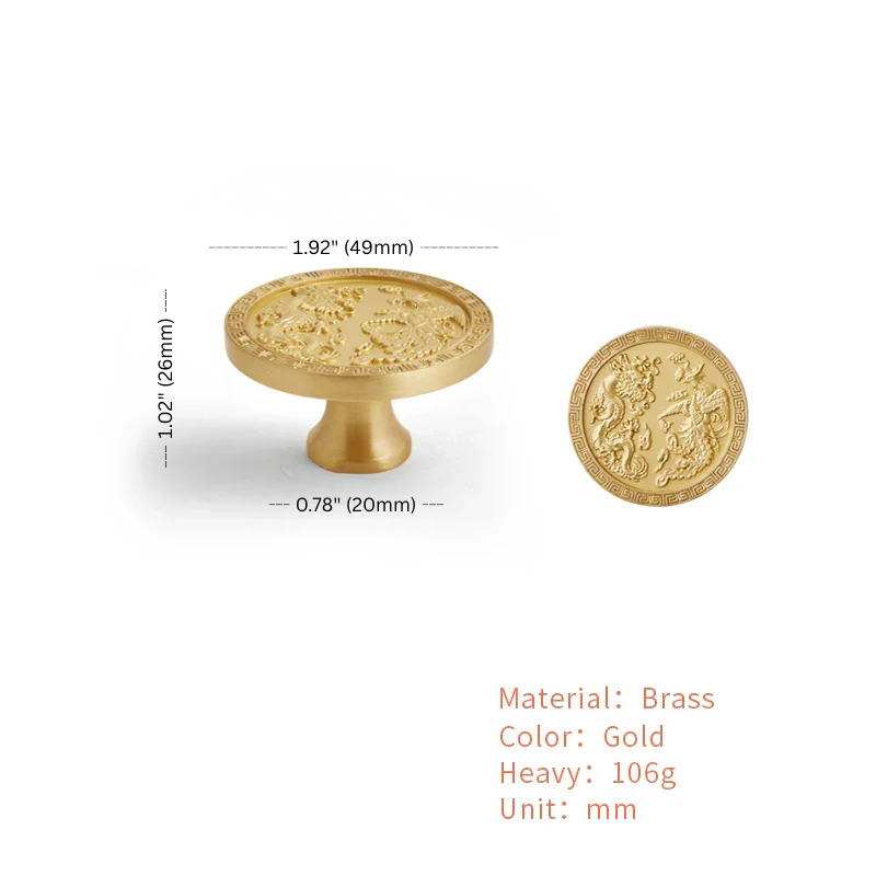 Gold decorative knob with measurements and material details on a white background