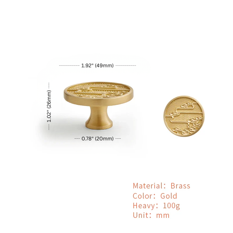 Gold decorative item with measurements and material details on a white background