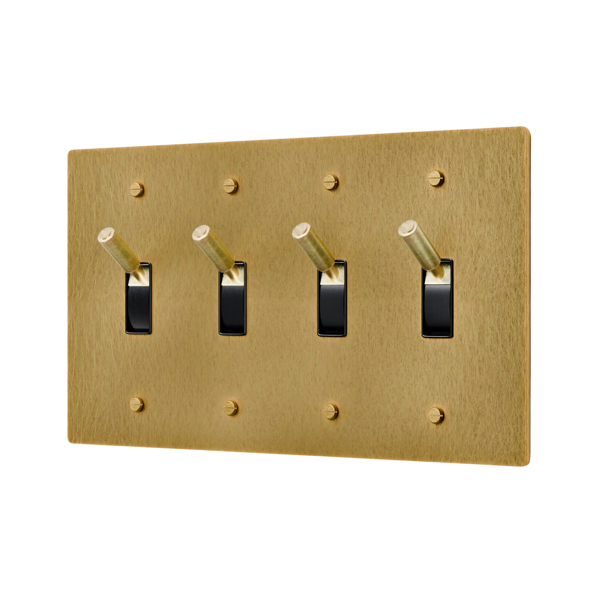 Gold switch plate with four black toggle switches on a white background