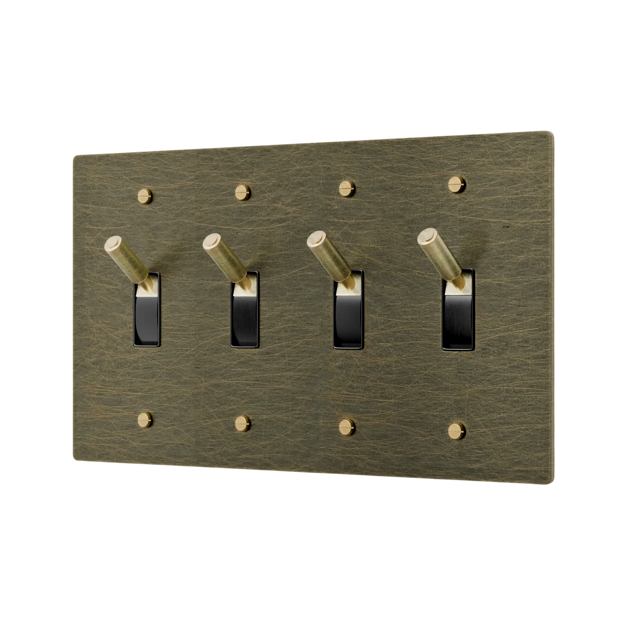 Brass-colored light switch cover with four toggle switches on a white background