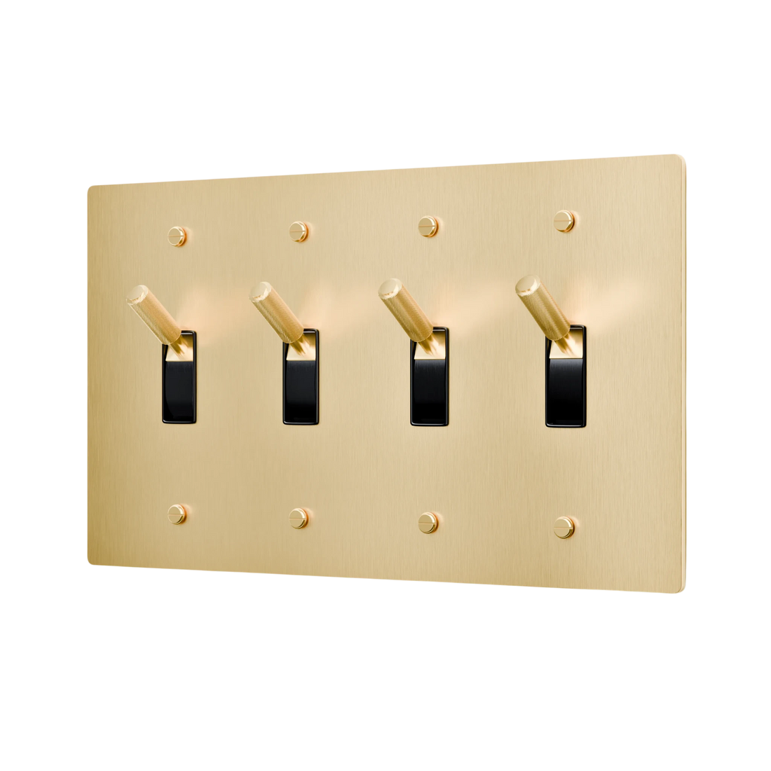 Gold light switch panel with four black switches on a white background