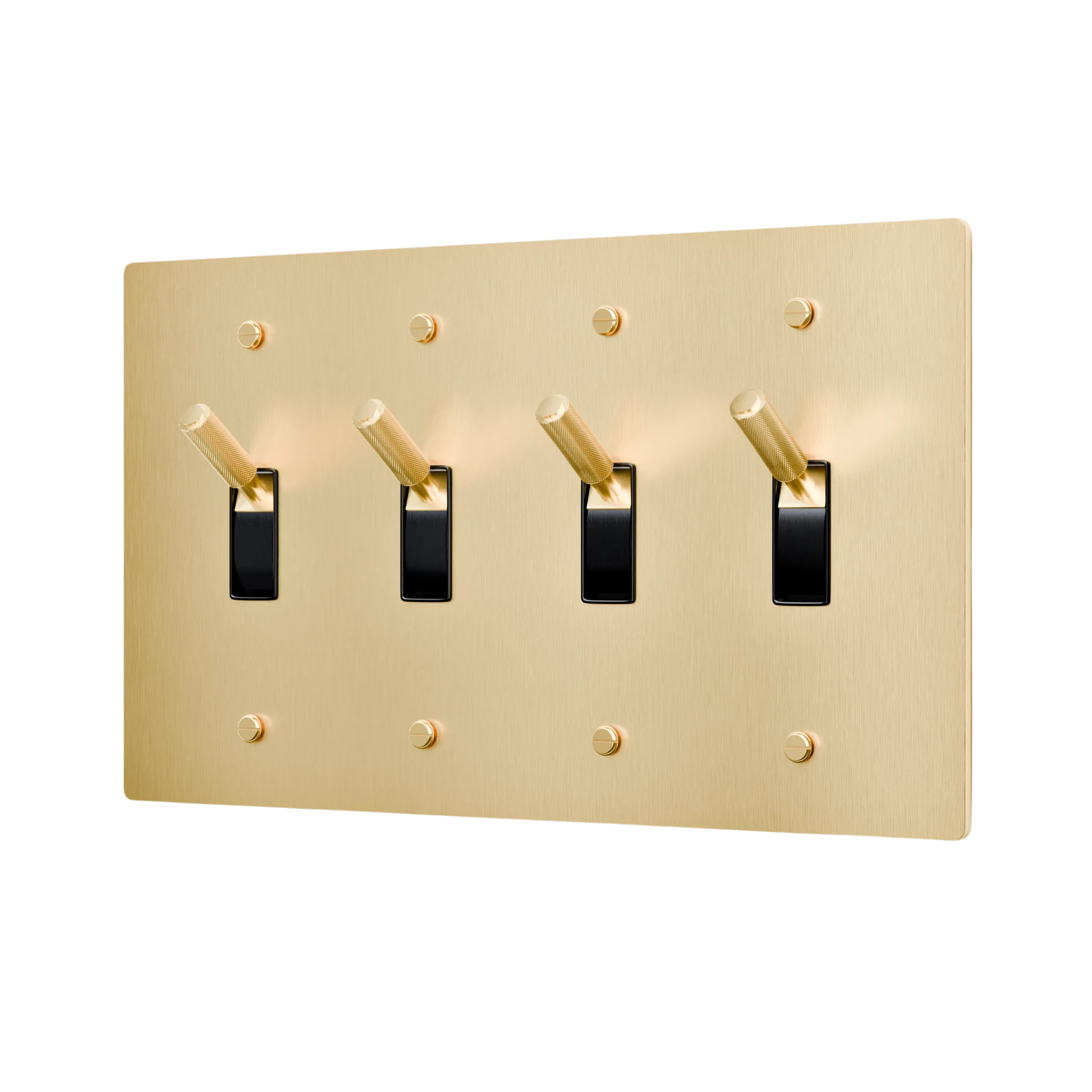 Gold light switch panel with four black switches on a white background