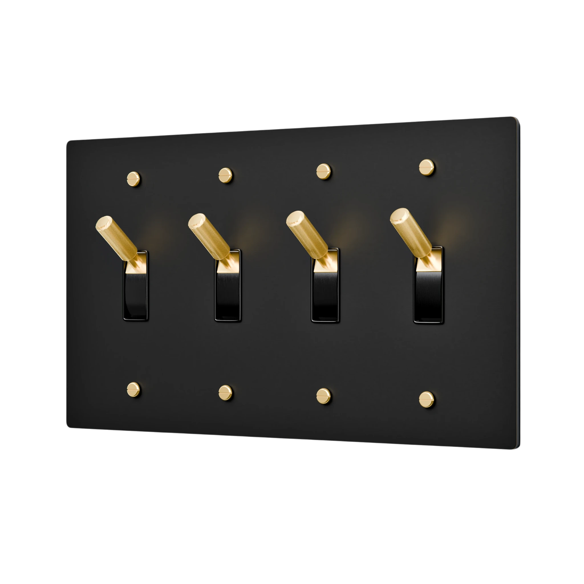Black switch plate with gold switches on a white background