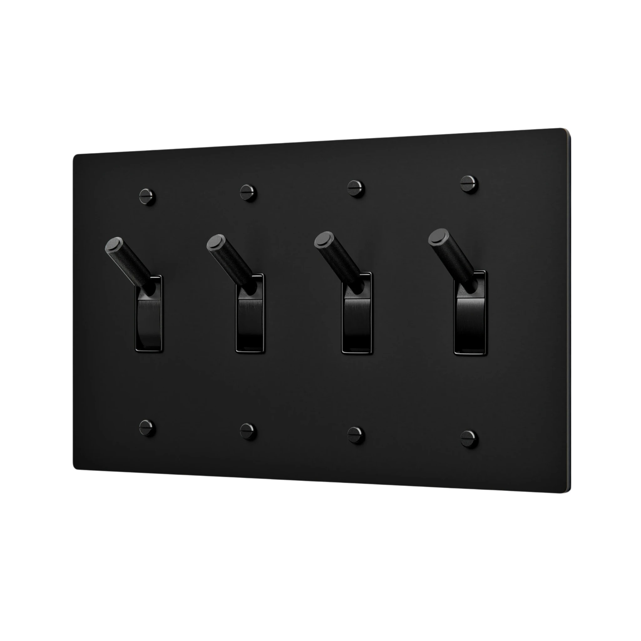 Black metal wall plate with four toggle switches on a white background