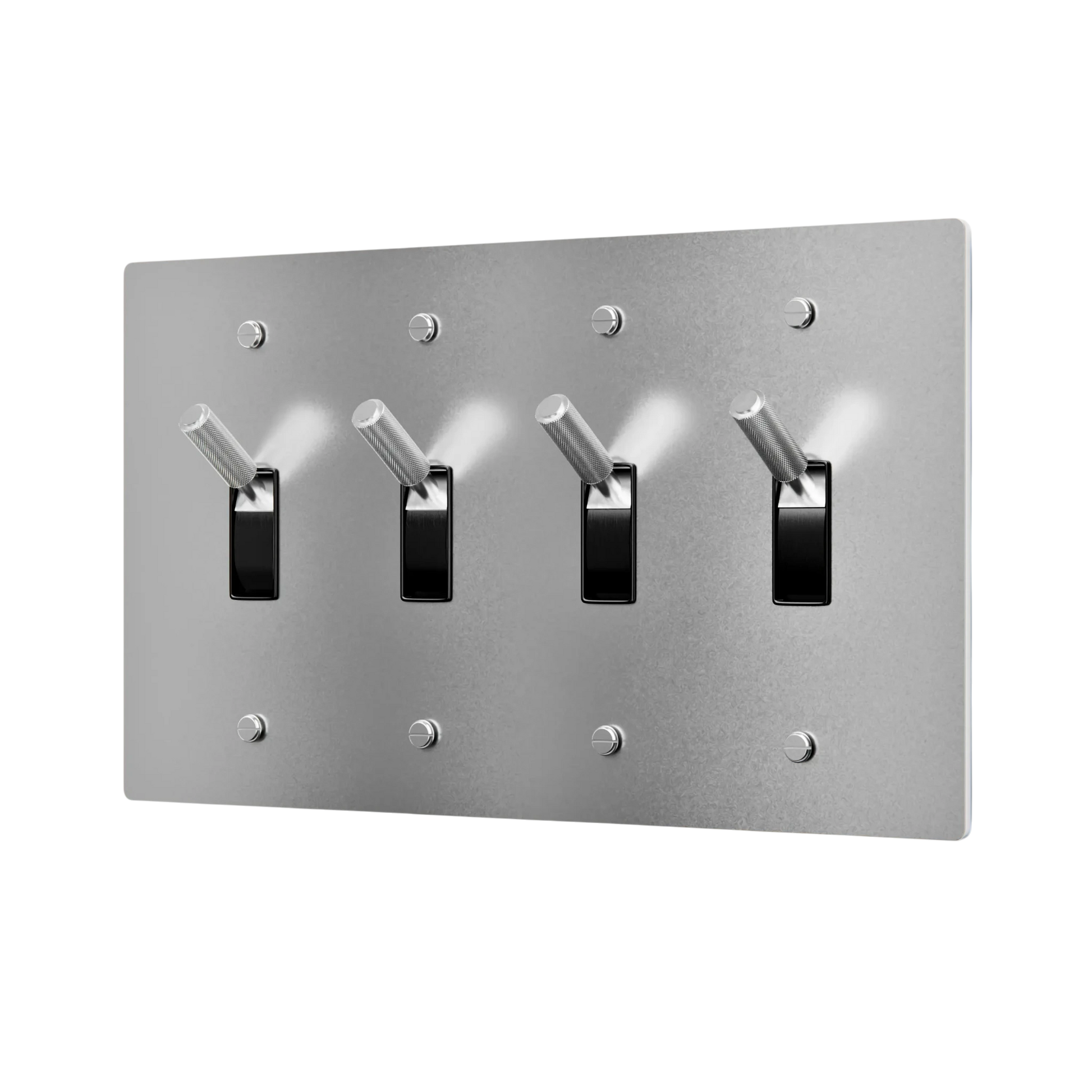 Metallic wall plate with four black toggle switches on a white background