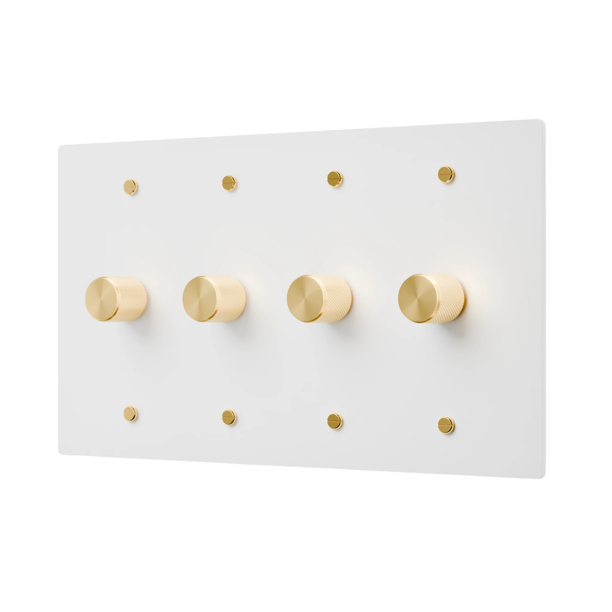 White wall with gold round dimmer knobs on a white background