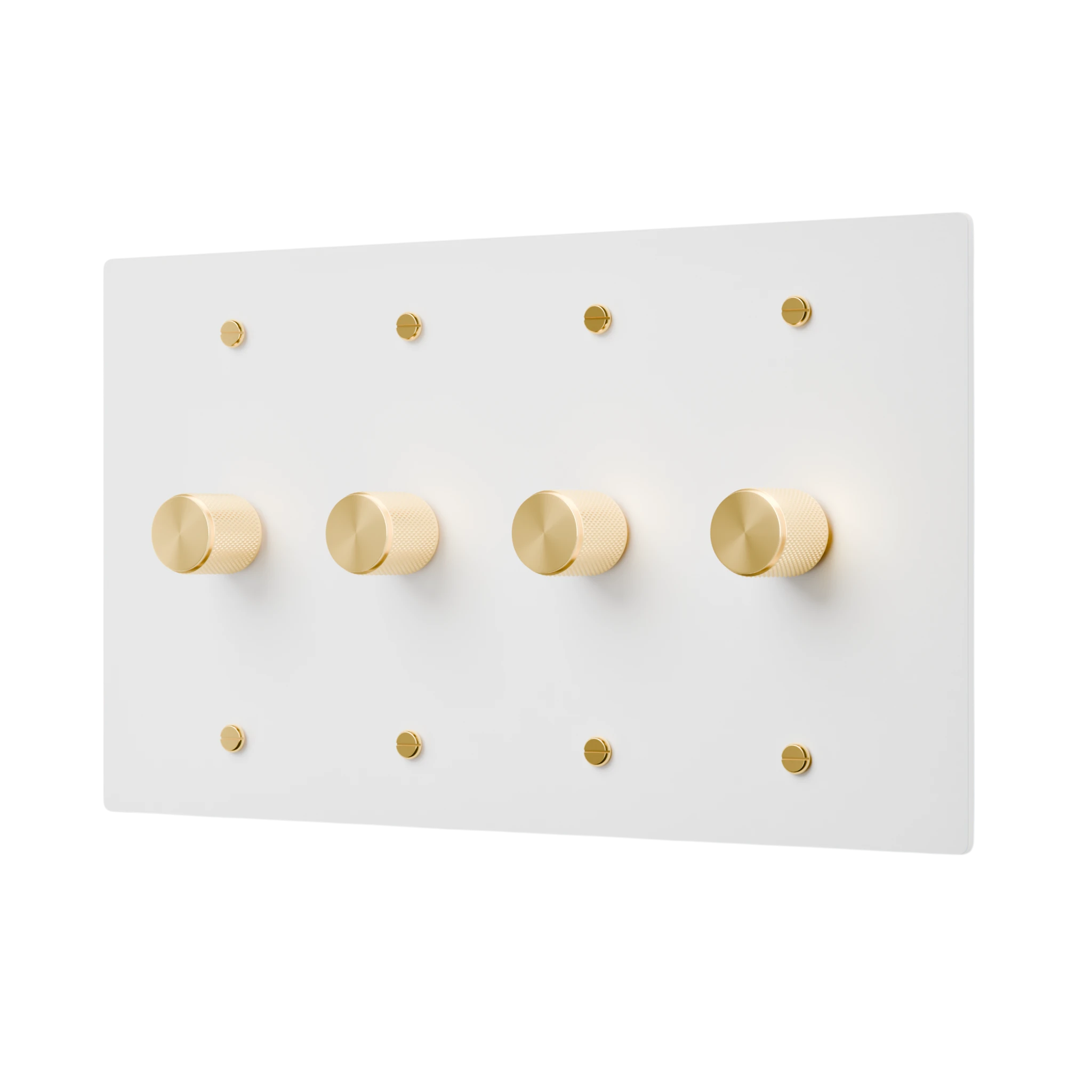 White wall with gold round dimmer knobs on a white background