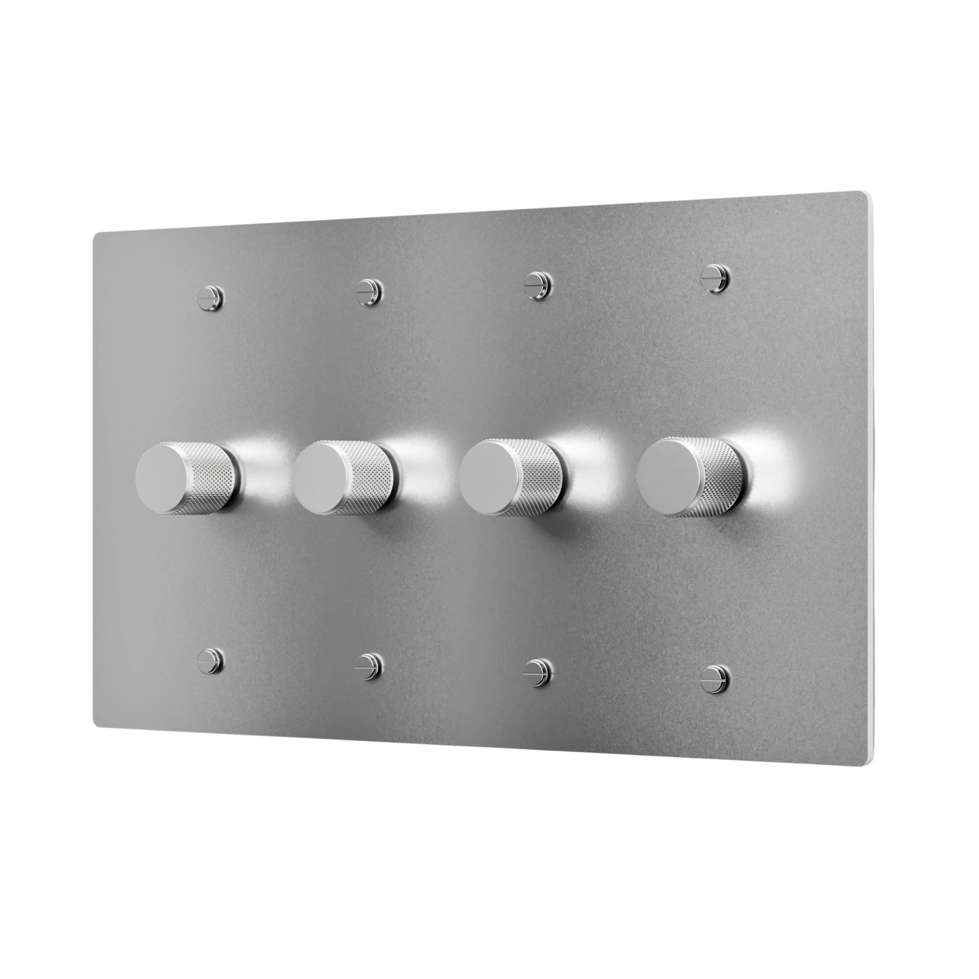 Metallic control panel with five knobs on a white background