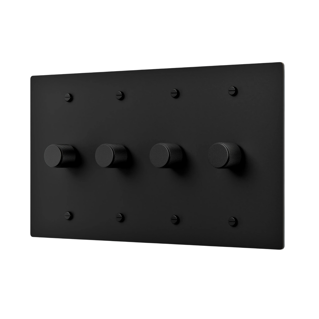 Black dimmer plate with four knobs on a white background