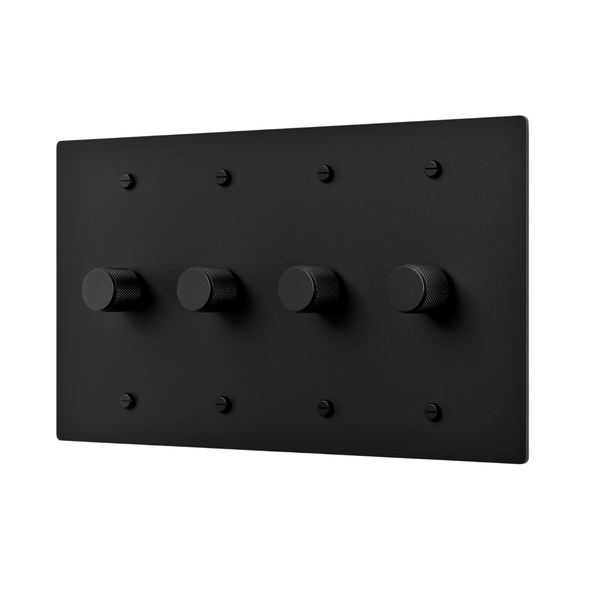 Black dimmer plate with four knobs on a white background