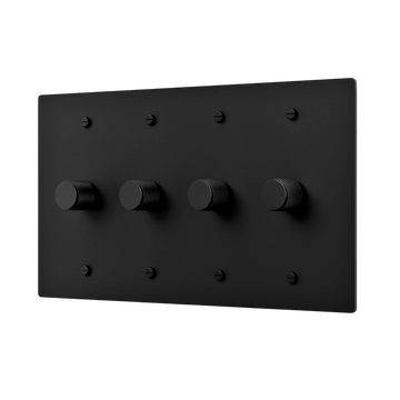 Black dimmer plate with four knobs on a white background