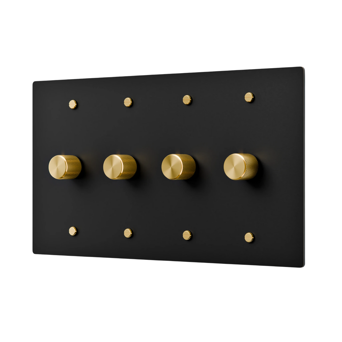 Black dimmer plate with four knobs on a white background