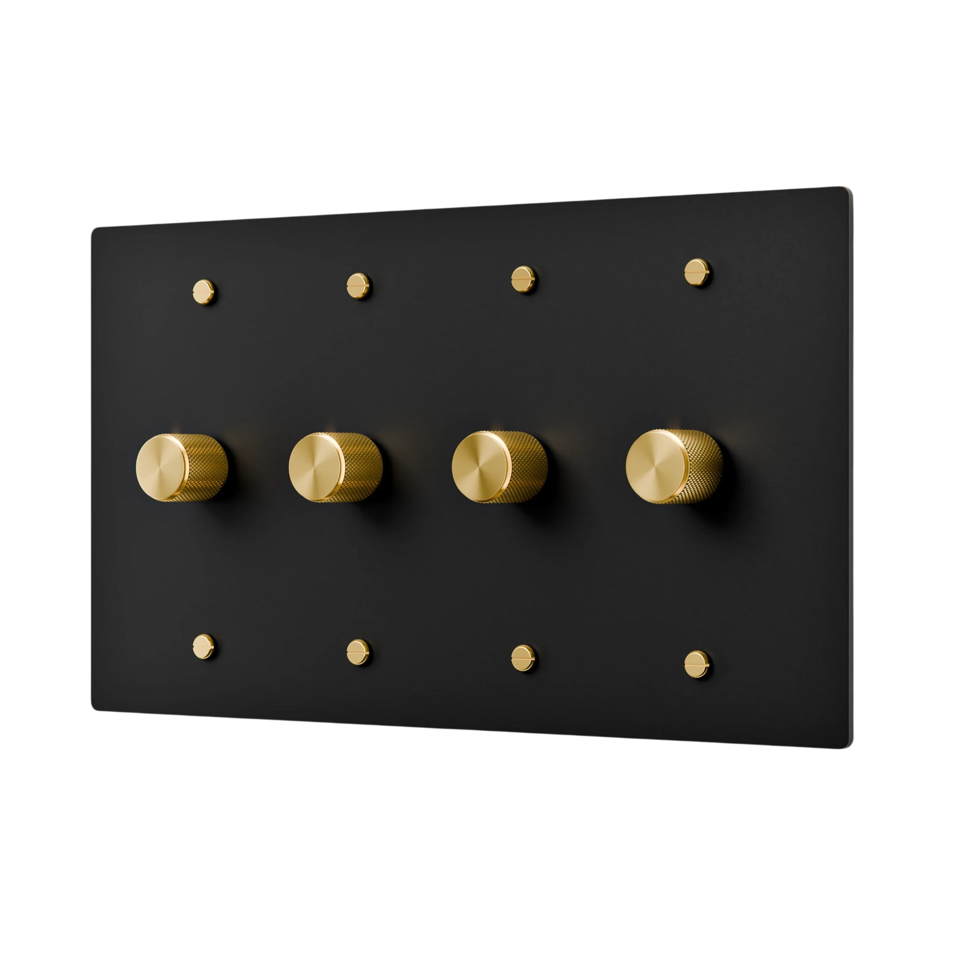 Black dimmer plate with gold knobs on a white background