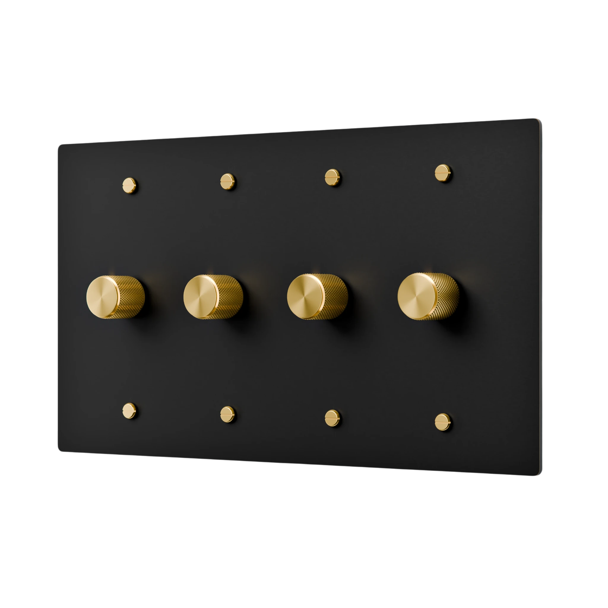 Black dimmer plate with gold knobs on a white background