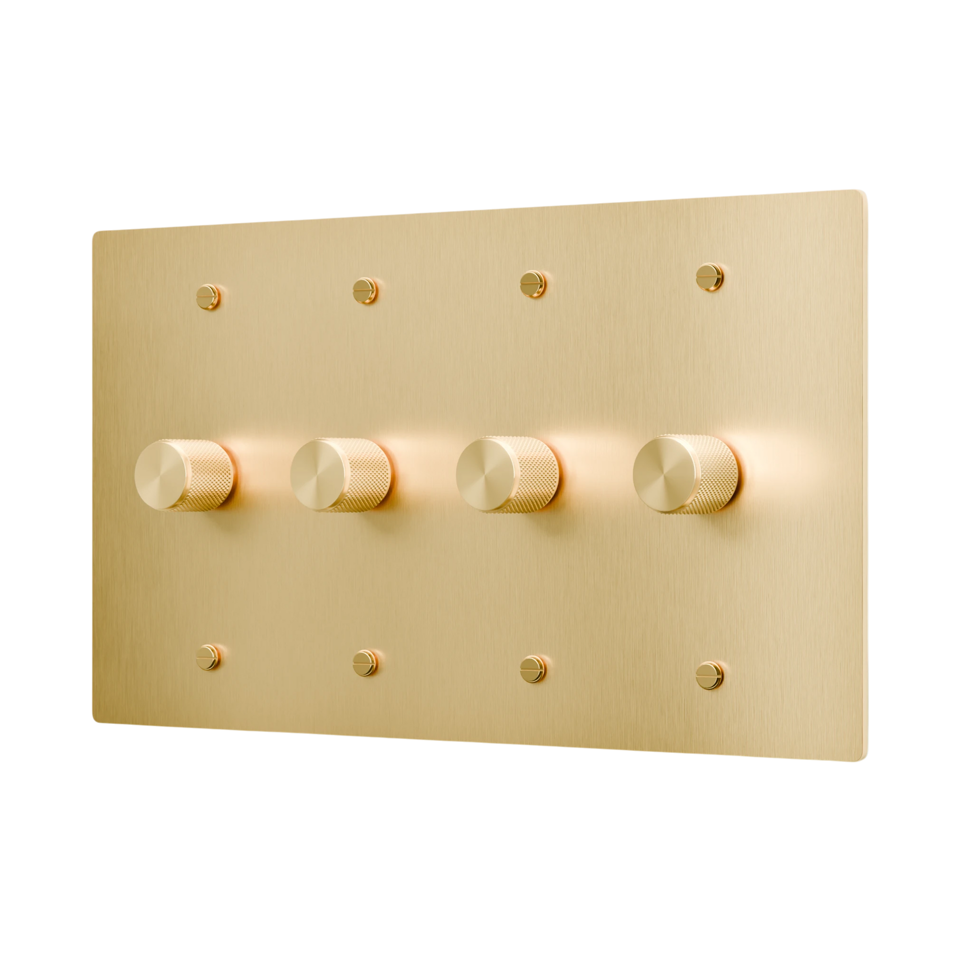 Gold wall plate with four dimmer knobs on a white background