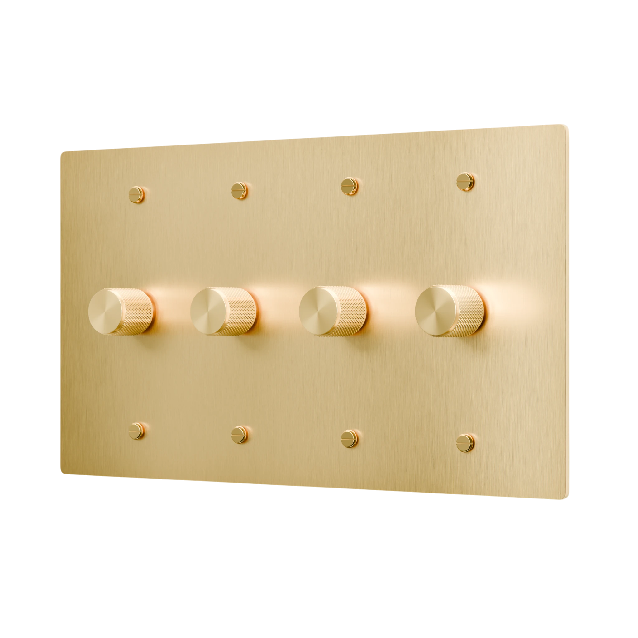 Gold wall plate with four dimmer knobs on a white background