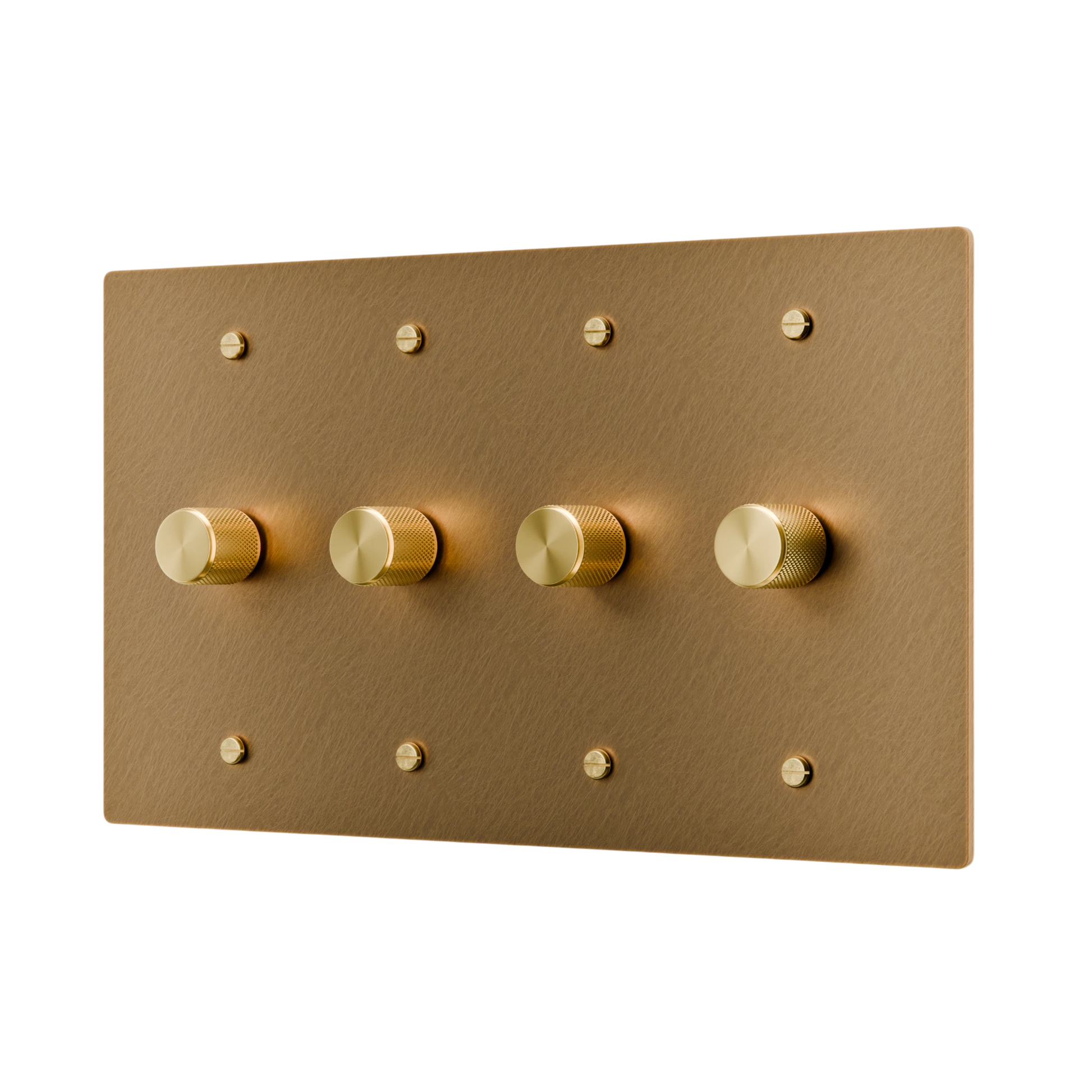 Unlacauered aged brass dimmer control panel with four knobs on a white background