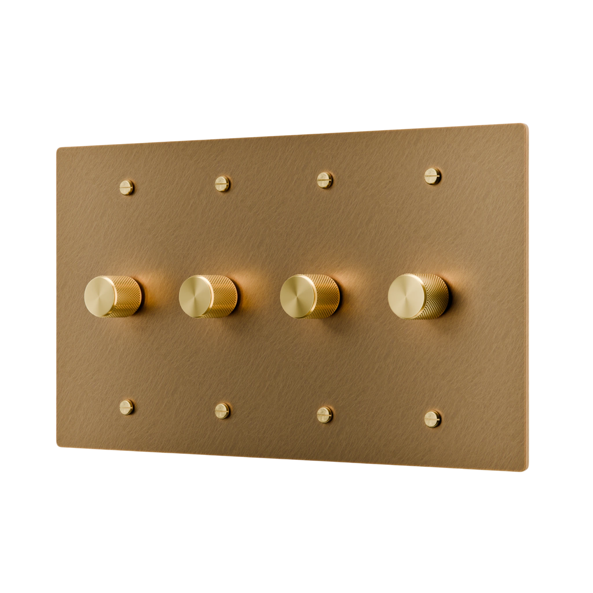 Unlacauered aged brass dimmer control panel with four knobs on a white background